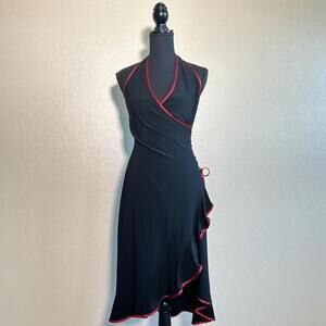 Vintage Napoli Black & Red Y2K Halter Dress – Layered Ruffled Wrap with Bow